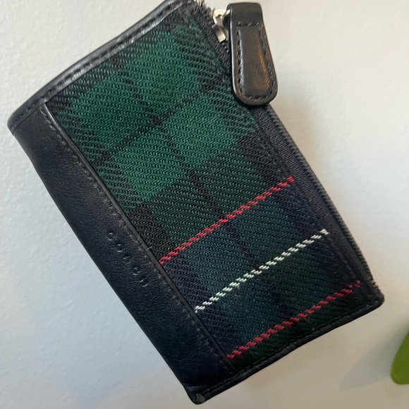 Coach Skinny Mini Wool Tartan Plaid Zip Card Case Keychain Black Leather - Picture 2 of 16